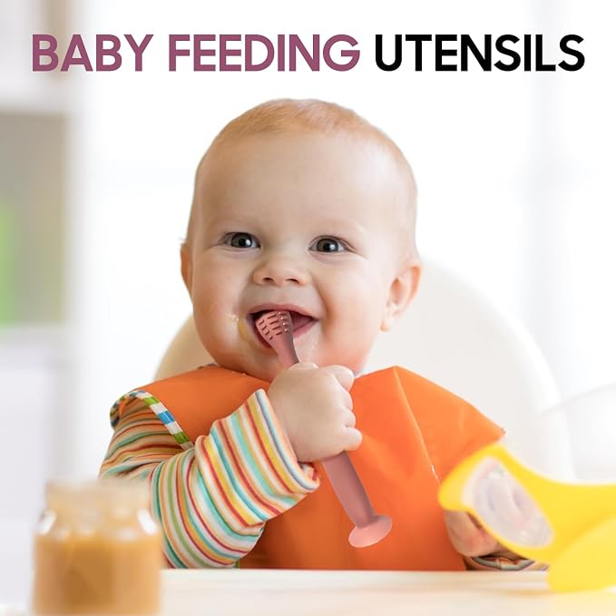 Baby Spoons, BEMEI Silicone Baby Spoons Self Feeding 6+ Months, Soft & Gentle Textured Baby Feeding Spoon with Fixed Suction Cup, Dishwasher Safe 【grey+kahaki+brown】