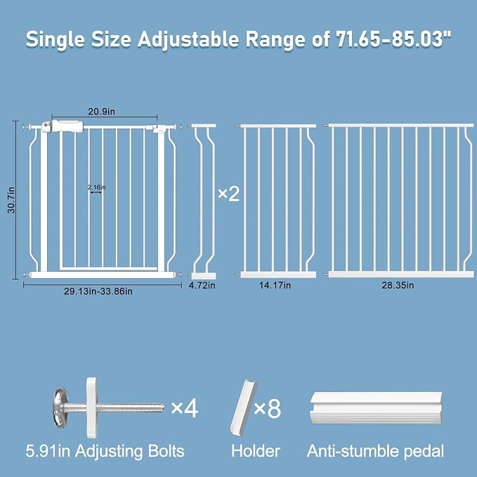 ALLAIBB Extra Wide Pressure Mount Baby Gate Auto Close White Metal Child Dog Pet Safety Gates with Walk Through for Stairs,Doorways,Kitchen and Living Room (71.65-85.03"/182-218cm)