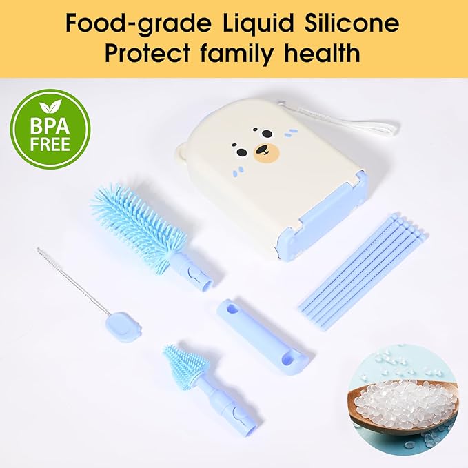 Travel Baby Bottle Cleaner Kitï¼?-in-1 Baby Bottle Brush Set for Travel and Home, All-in-One Baby Bottle Washing Kit: Integrated Cleaning & Drying System for Bottles and Breast Pump Parts (Blue)