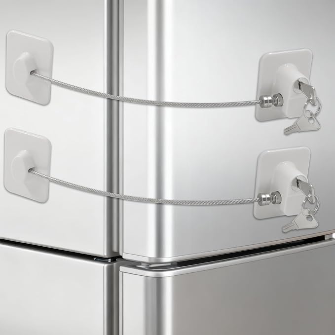 2 Pack Refrigerator Lock, Child Safety Locks with Keys, Easy Install Plastic Latches with Adhesive Backing, for Fridge, Cabinet, Drawer Childproofing, White