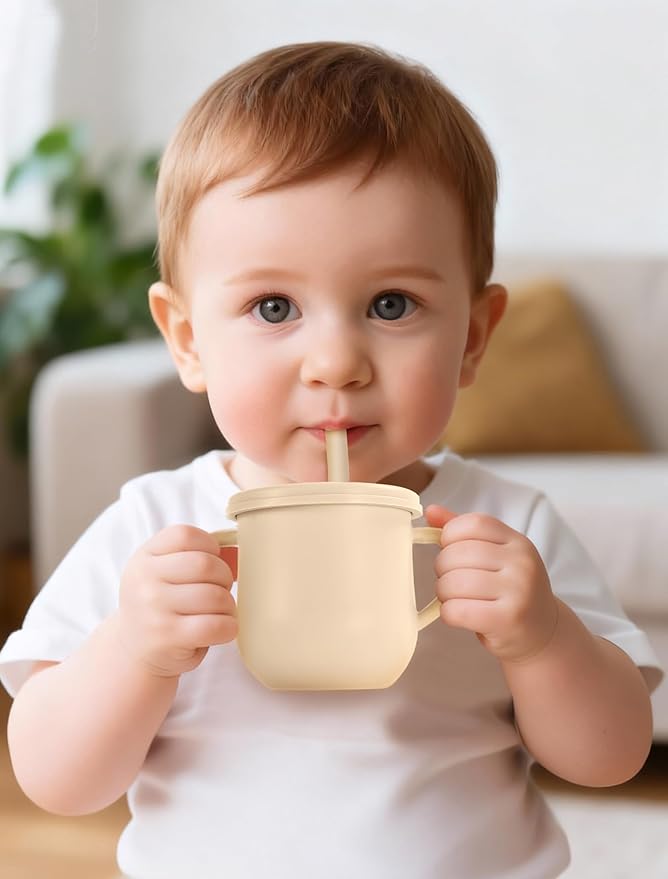 Silicone Toddler Cups Set, 2 Straw Cups and 2 Sippy Cups for 6+ Months Baby, Leakproof Spillproof Training Cups with Handles, Easy Clean (Green+Beige)