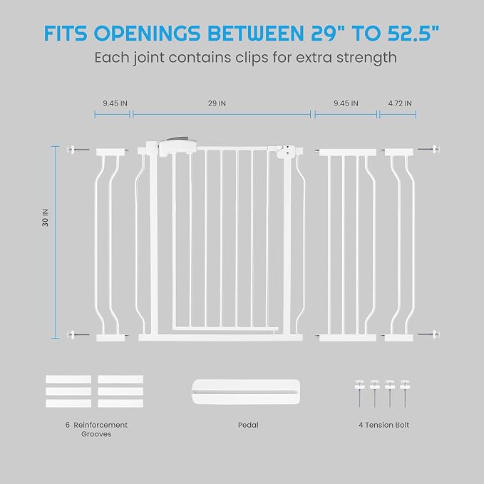 Extra Wide Baby Gate for Stairs Doorways with Door, 30" Tall 29-52.5" Wide Easy Install Dog Gate Indoor, Safety Metal Pressure Mounted Pet Gate with Walk-Thru Auto Close for the House, White