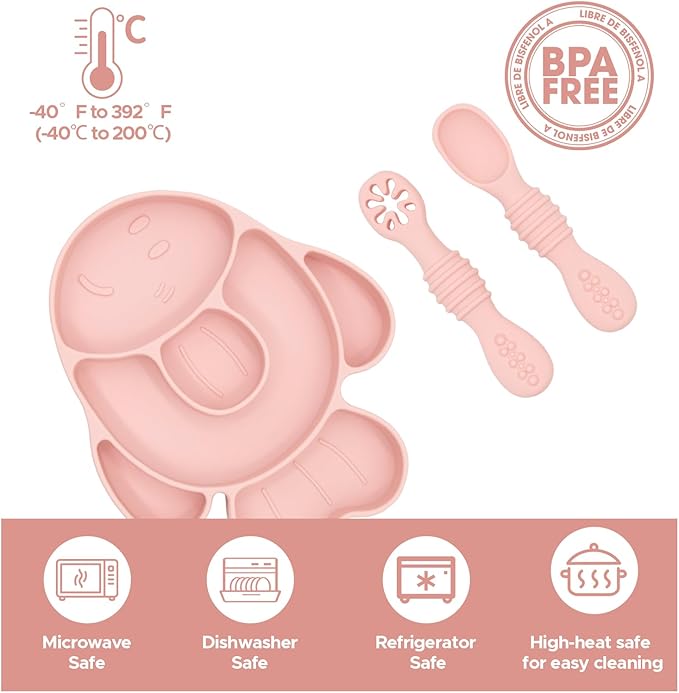 BabyX Baby Silicone Feeder Set, 3-pcs Pink-Fish-themed Baby Plate with Suction, Spoon and Fork for Babies Toddler Kids, BPA-Free, Baby Utensils Feeding Supplies, Microwave and Dishwasher Safe