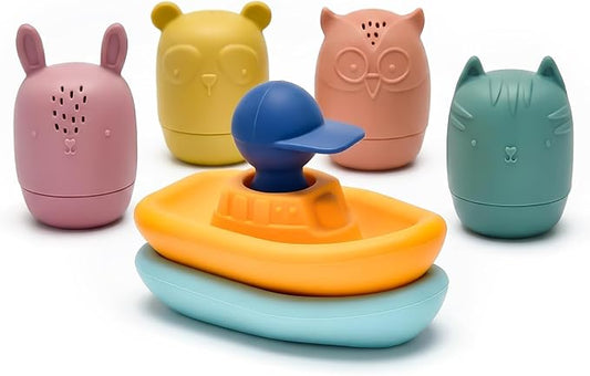LITTLE RAWR Silicone Bath Toys for Babies 6-12 Months, Easy-to-Dry Detachable Animal Squirt Toys & Floating Boat Set for Toddlers 1-3, Soft Food-Grade Sensory Water Toys for Bathtub, Pool & Beach