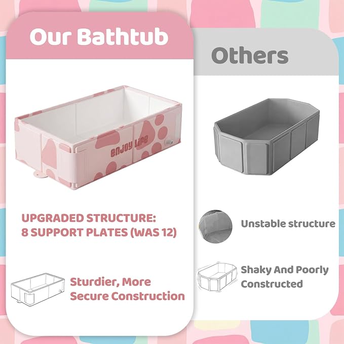 Collapsible Baby Bathtub for Newborn to Toddler, Foldable Toddler Bathtub with Drain Plug, Non-Slip Portable Infant Bath Tub for Travel Storage Outdoor Use, Milky Pink