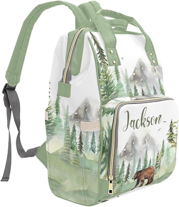 Custom Diaper Bag Backpack with Name Personalized Woodland Bear Nappy Bag for Mommy Mother's Day Gift Customized Adjustable Shoulders Nursing Bag Daypack