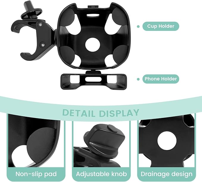 Universal Big Size 2-in-1 Cup & Phone Holder for Stroller Walker Wheelchair, Adjustable Clip On Attachment for Bike Scooter Rollator, Compatible with Nuna Uppababy Graco Doona Baby Travel Gear