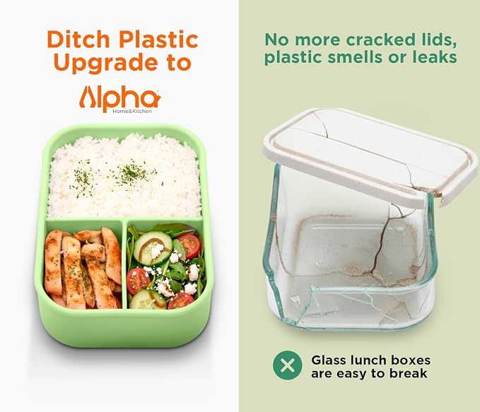 Silicone Bento Box for Kids, 3 Compartment Lunch Box, Small Portions, BPA Free Snack Container, Leak Resistant, Easy to Clean, Dishwasher Safe