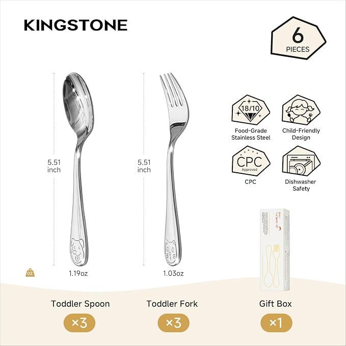 KINGSTONE Toddler Utensils Set, 6-Piece Small Forks & Spoons, 18/10 Stainless Steel, Cat & Dog Print, Ergonomic Self-Feeding Kids Flatware for Home, Travel & Preschool