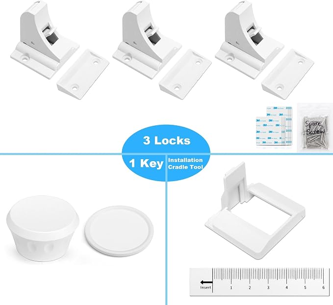 AILUOQI Baby Proofing Magnetic Cabinet Locks (3 Locks + 1 Key) Cupboard Drawers Latches Magnet Locks for Cabinets