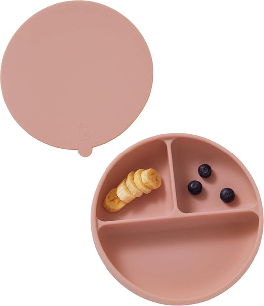 Konny EASYFEED Silicone Plate with Lid (1-4Y) 3-Divided Suction Plate Baby Led Weaning Supplies Training Baby Utensils Feeding Supplies (Baked Salmon)