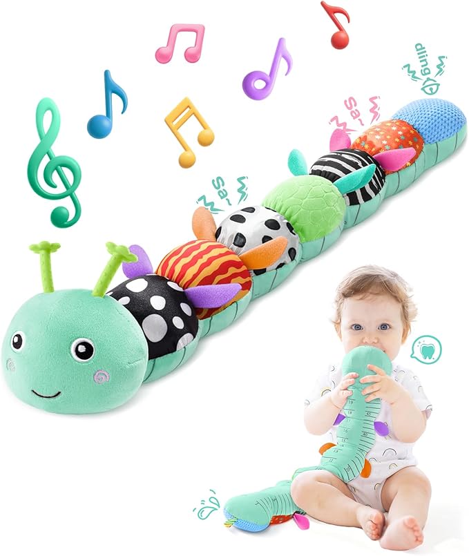AWOTOY Baby Toys 6-12 Months Music Caterpillar,Stuffed Animals Infant Toys 0-3-6 Months,Baby Sensory Toys Tummy Time with Crinkle Rattle Teething Toys for Newborn Boys Girls Gifts Birthday|Ice Blue