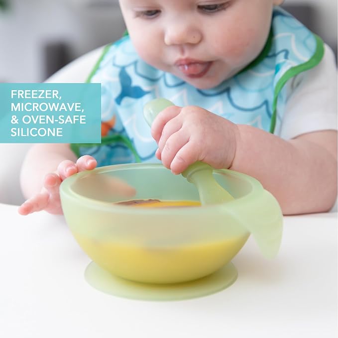 Bumkins - Jelly Silicone Bowl, Lid, Spoon, Training Chewtensils - For Ages 4 Months+ - Suction Base - 100% Food-Safe Silicone - Oven, Microwave, & Dishwasher Safe - Jelly Green