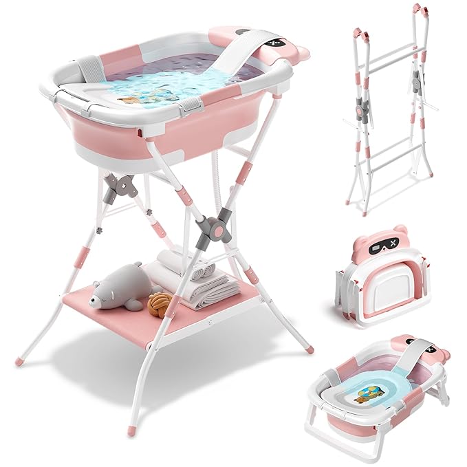 Baby Bathtub with Stand, Foldable Metal Standing Baby Bath Tub, 3-in-1 Anti-Slip Collapsible Tub with Cushion Storage Pad, Elevated Design for Newborn Toddler, Pink