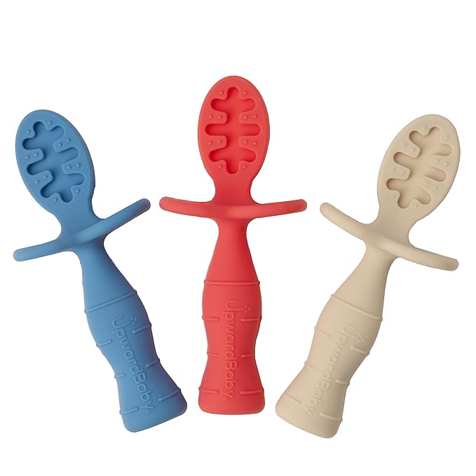 Upward Baby Spoons Self Feeding 6+ Months - 3 Pack, Chewable Toddler Utensils with Anti Choke Barrier, Baby Feeding Essentials, Baby Spoons 4 months, Silicone Spoons, Red White Blue