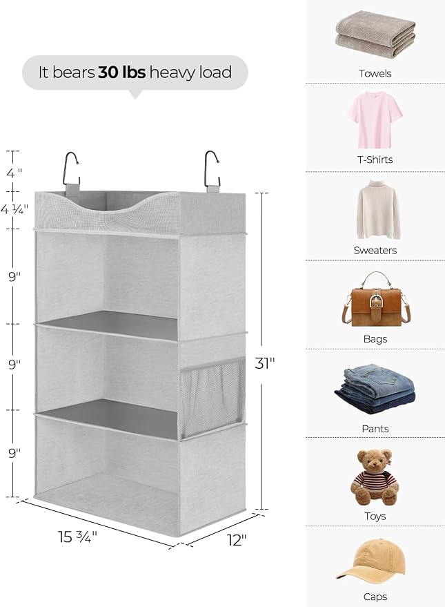 StorageWorks Hanging Closet Organizer, 3-Shelf Hanging Closet Shelves with Top Shelf, 15 ¾"W x 12" D x 31" H, Extra-Large Space, Light Grey