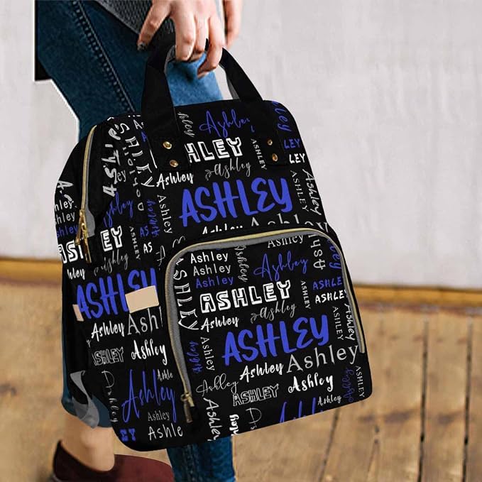 InterestPrint Custom Name Diaper Backpack - Customized Blue Black White Signature Personalized Monogram Laptop Nursing Backpack With Name - Shoulders Casual Daypack Travel Bag for Women