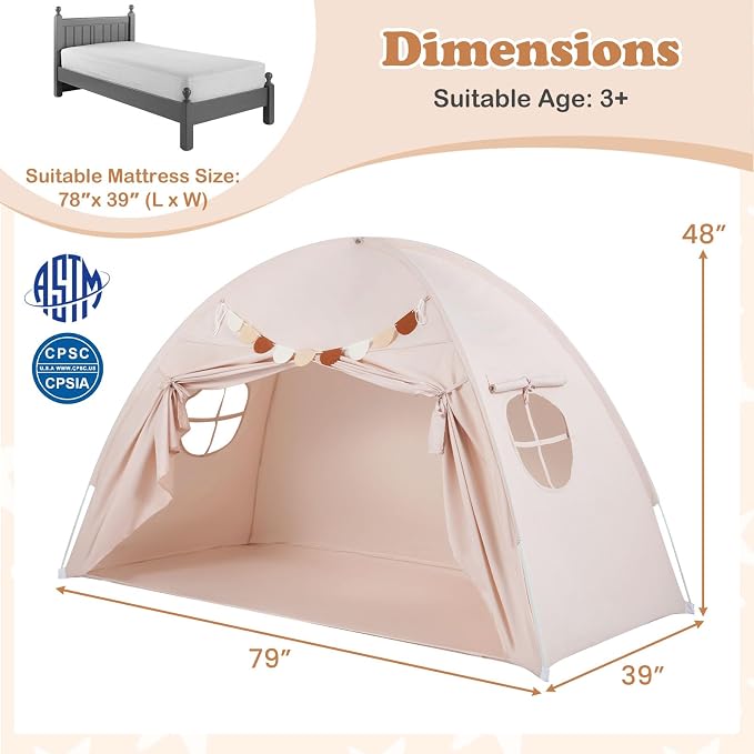 Costzon Toddler Bed Tent, Twin Size Indoor Canopy Tent for Kids w/ 2 Windows, Flag Banner, Brushed Fabric Privacy Playhouse, Portable Play Tent for Bunk Bed, Playroom, Suits 3+ Boys & Girls (Beige)