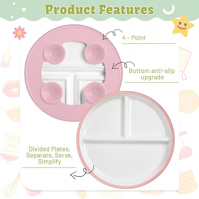 Domensi 4 Sets 8 Inch Kids Porcelain Plates with Silicone Suction Sleeve Antislip White Ceramic Divided Toddler Plates Microwave Dishwasher Safe for Baby Children Feeding Supplies (Cyan,Pink)