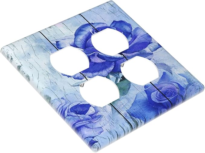 Blue Rose Flower Rustic Wood Plank Floral Outlet Covers 2 Gang Double Duplex Decorative Light Switch Covers Electrical Wallplates Socket Faceplate for Farmhouse Home Decor