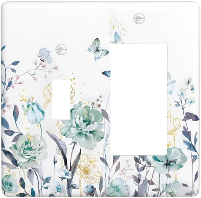 Romantic Floral Butterfly Leaf Flower Golden Pollen Outlet Covers 1 Toggle 1 Rocker Combination Decorative Wall Plate Electrical Switch Plates Light Switch Cover Plate for Bedroom Living Room Decor
