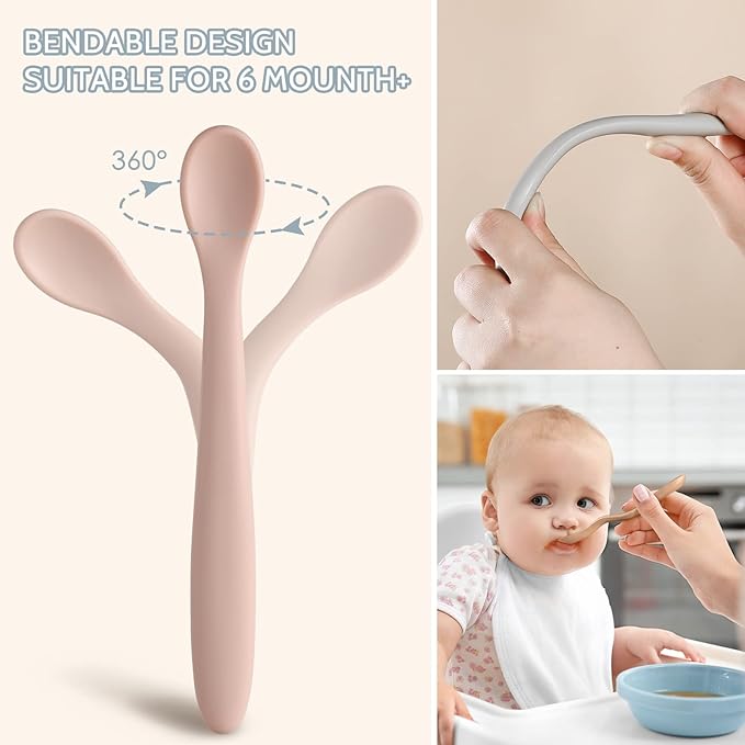 Silicone Baby Feeding Spoons, First Stage Baby Infant Spoons, Soft-Tip Easy on Gums I Training Spoon Self Feeding, Dishwasher & Boil-proof, 6 Pack
