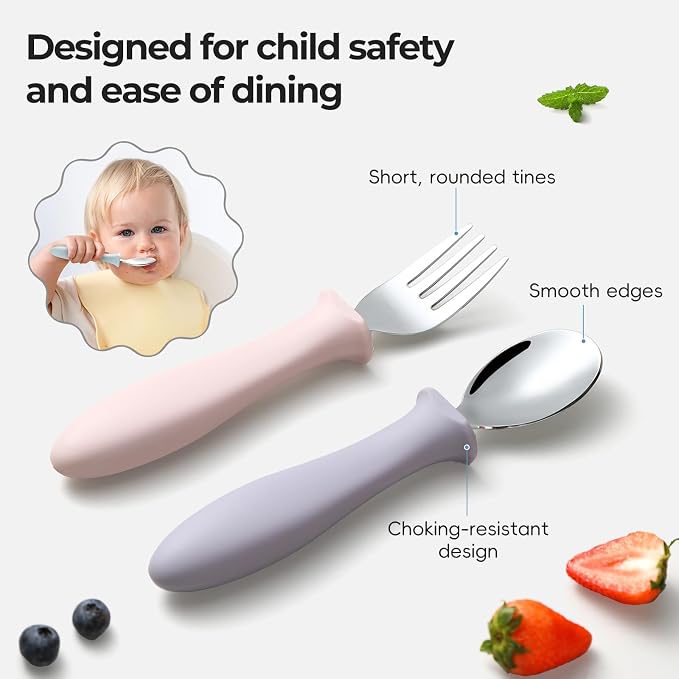 12 PCS Toddler Utensils Kids Silverware Set with Silicone Handle Children Food Grade 18/8 Stainless Steel Toddler Forks and Spoons Safe Anti-Choke Design Mirror Polished Sturdy Durable with 3 Colors