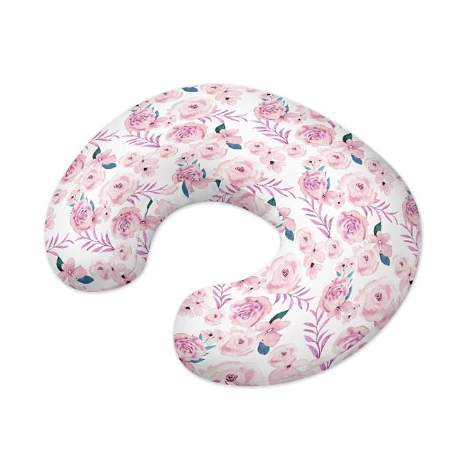 Pink Rose with Leaves Nursing Pillow Cover Slipcover, Breastfeeding Newborn Infant Feeding Cushion Cover Pillow Slipcovers for Breastfeeding Moms