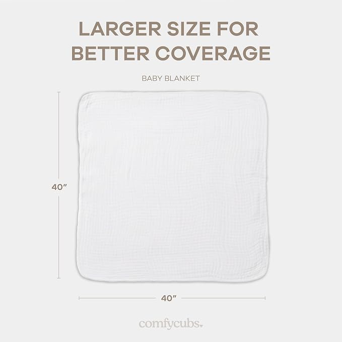 Comfy Cubs Muslin Baby Blanket - Soft, Lightweight, 6-Layer Cotton Swaddle Blankets for Newborns, Infants & Toddlers - 40" x 40" Large, Breathable & Versatile for Sleeping & Tummy Time - White