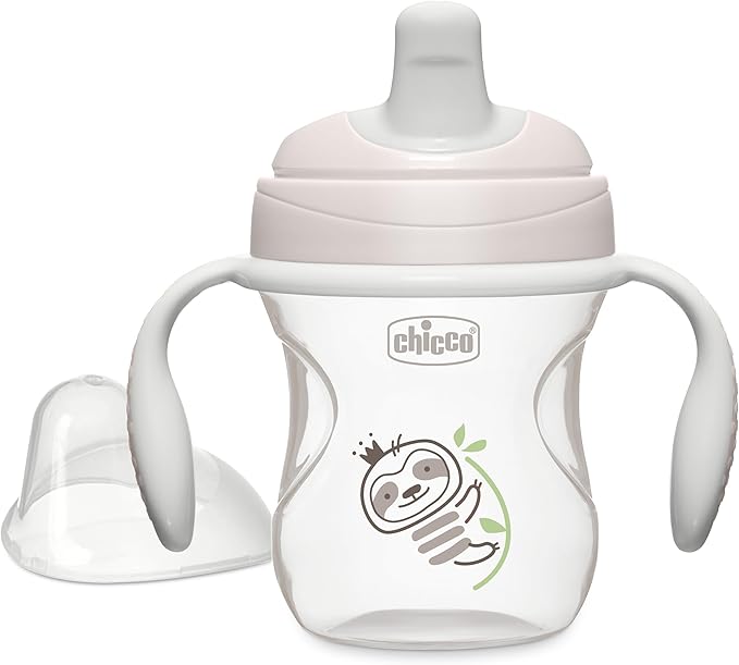 Chicco Trainer Sippy Cup 6+ Months, 7oz Baby Training Cup with Bite-Resistance Semi-Soft Spout, Easy Grip Removable Handles, Measurement Markings, BPA-Free, Grey