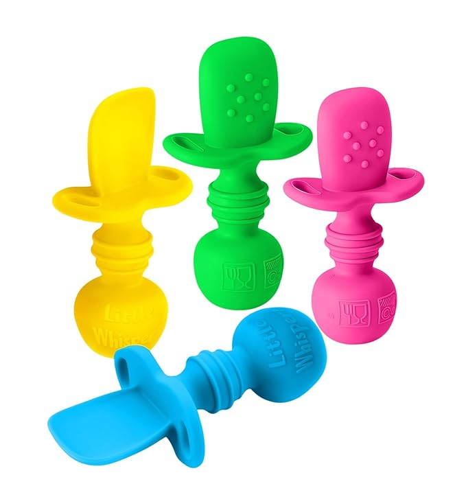 LittleWhispers Baby Silicone Spoons - Self Feeding 6 Months - Infant, Toddler, & Kid Friendly Utensils - First Stage, Baby Led Weaning - 4 Pack Utensil Set (Neon)