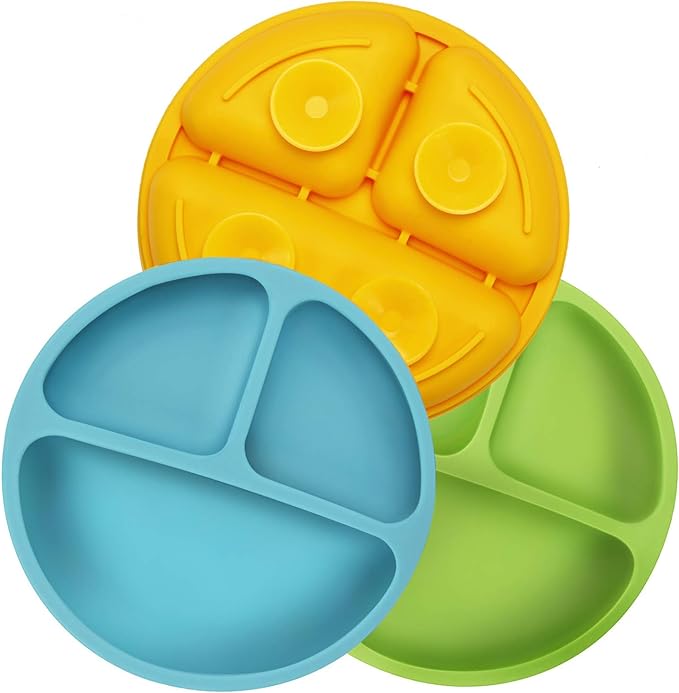 PandaEar Divided Unbreakable Silicone Baby and Toddler Plates - 3 Pack - Non-Slip - Microwave Safe - Silicone (Blue Green Yellow)