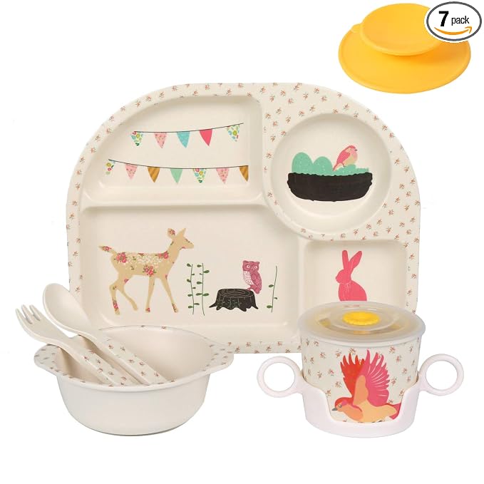 shopwithgreen 7Pcs/Set Bamboo Kids Dinnerware Set - Children Dishes - Food Plate Bowl Cup Spoon Fork Set Dishware, Cartoon Tableware, Dishwasher Safe Kids Healthy Mealtime, BPA Free