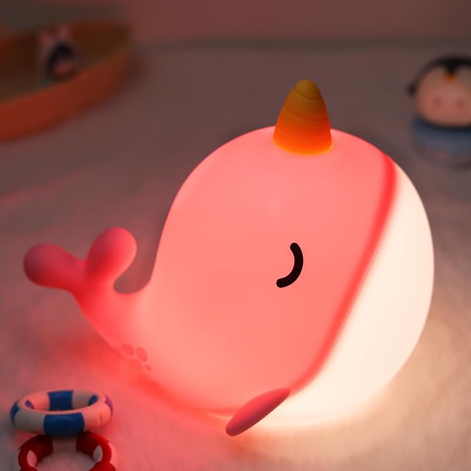 Whale Lamp, Narwhal Nursery Nightlight for Kids, Soft Silicone Animal Night Light with 3 Levels of Brightness & 30 Mins Timer, Whale Gifts for Girl Birthday Holiday Decoration