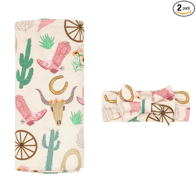 Little Sleepies Swaddle & Headband Bow Set, Viscose from Bamboo Baby Swaddles, Newborn Baby Girl Clothes (Pink Ready to Rodeo)