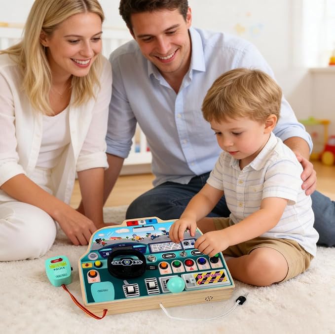 JAUNTY Montessori Sound Busy Board for Toddlers 1 2 3 Years Old, Wooden Police Car Sensory Toy with LED Light Switches, Recordable Walkie-Talkie, Travel Toys for 1+ Year Old Baby and Toddler