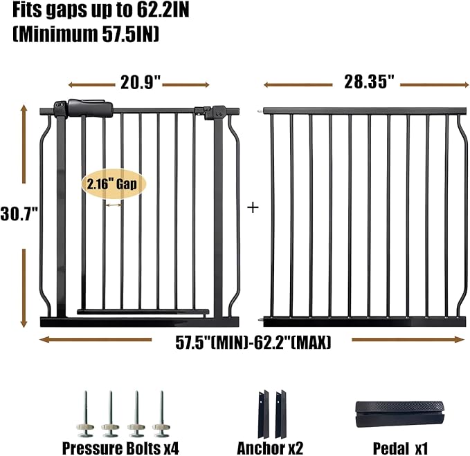 Extra Wide 57.5-62 Inch Large Baby Gates for Stairs, Doorways - No Drilling, Pressure Mounted Pet Gates for Kids & Dogs
