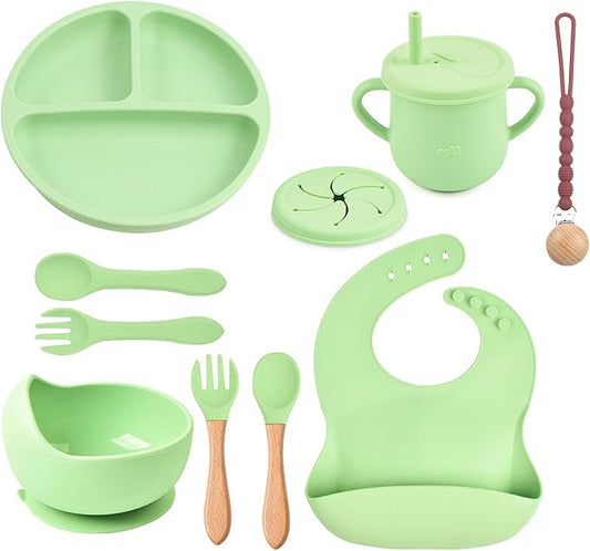 Silicone Baby Feeding Set 12 Pcs | Baby Led Weaning Supplies | Baby Spoons Suction Bowl Divided Plate Bib Cup | First Stage Solid Food Eating Utensils - 6+ Months (Green)