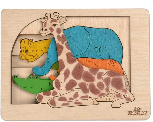 Jungle Animals Multilayered Wooden Puzzles for Kids | 6 Piece Jigsaw Puzzle for Preschool Kids | Learning Educational Toys Gifts for Boys Girls 3+ Years