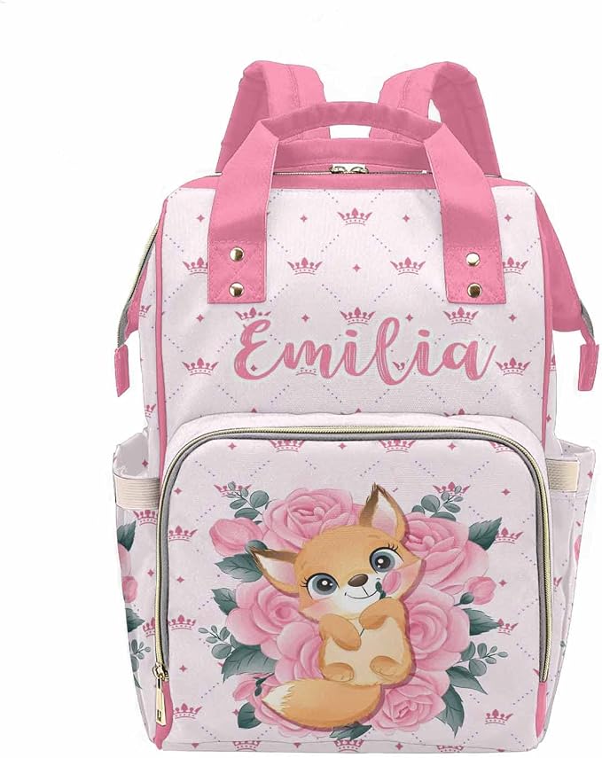 M YESCUSTOM Customized Pink Crown Diaper Bag with Name Christmas Gift for Mom, Custom Cute Fox On Pink Roses Mommy Nursing Daypack Lovely Multifunction Travel Backpack