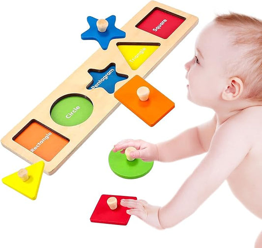 Wooden Shape Peg Puzzles for Toddlers 1-3 Toy Preschool Wooden Puzzles Baby Puzzle Geometric Shape Puzzle with Knobs Montessori Toy for 1 2 3 Boys Girls Kids Travel Toy