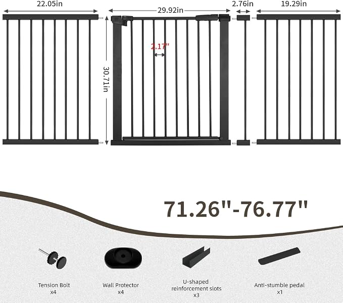 Extra Wide Dog Gate for Doorways Hallways 71.2"-76.7", 30 in Tall Baby Gates with Door No Drill, Auto Close Child Safety Gate for Pet Kid Doggie Cat Proof, Large Long Dog Barrier Indoor House, Black