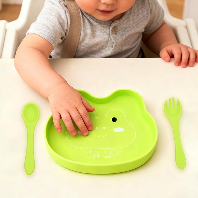 BabyX Baby Silicone Feeder Set, 3-pcs Home Critter-themed Baby Plate with Suction, Spoon and Fork for Babies Toddler Kids, BPA-Free, Baby Utensils Feeding Supplies, Microwave and Dishwasher Safe