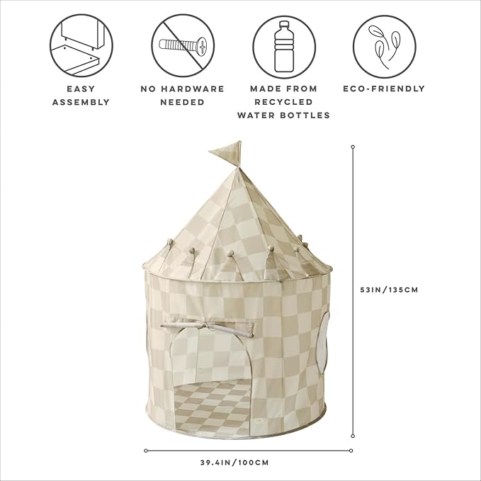 3 Sprouts Kids Play Tent - Sustainable Recycled Fabric ??Fun Spacious Childs Playhouse for Indoor Games for Boys & Girls - Durable Fort Pop Up House for Toddlers & Children Age 3-10 - Checkered Beige