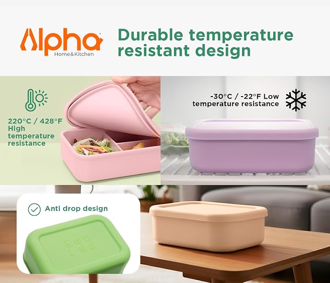 Silicone Bento Box for Kids, 3 Compartment Lunch Box, Small Portions, BPA Free Snack Container, Leak Resistant, Easy to Clean, Dishwasher Safe