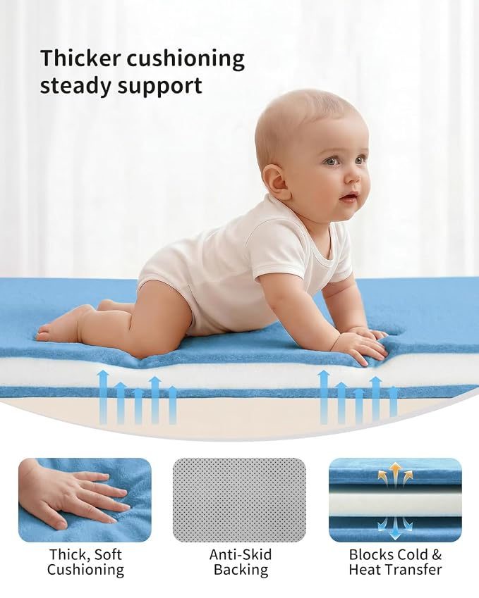 Goyuu Ultra Soft 1.3" Thick Baby Play Mat for Floor, 59x71 Playpen Mat Elasti-Foam Padded Crawling Mat for Babies, Toddlers, Infant, Kids, Non-Slip Backing Safe for Tummy Time Blue