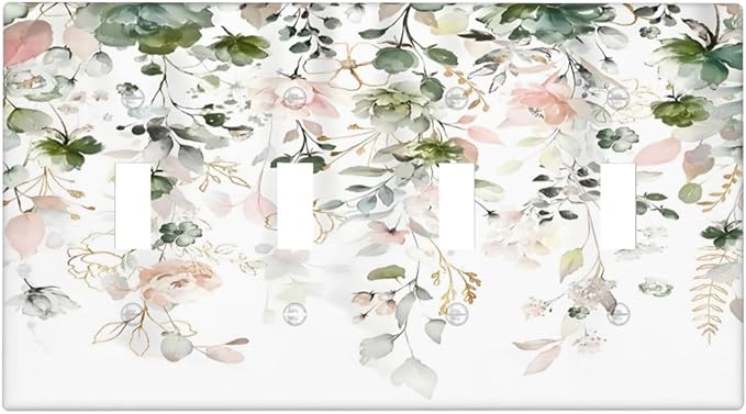 Green Pink Floral Flower Rustic Eucalyptus Leaves Wildflower Light Switch Covers Quad Toggle Electrical Faceplate 4 Gang Wall Plate Decorative Switch Plates Cover for Bedroom Living Room Decor
