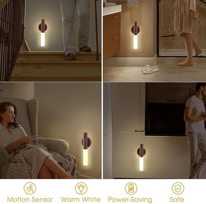 LANDGOO 2-Pack Magnetic Night Light with Motion Sensor, Walnut Wood Cylindrical Rechargeable LED Lamp Set, White Light Only, Portable Bedside Lights for Bedroom Nursery