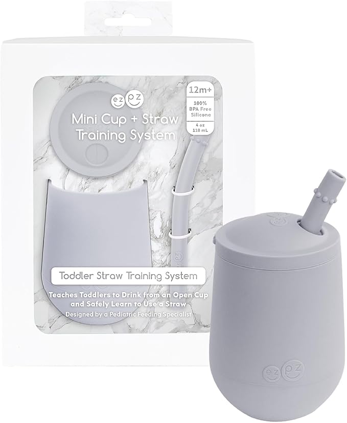 ezpz Mini Cup + Straw Training System (Pewter) - 9 Months+ - 100% Silicone Training Cup for Infants + Toddlers - Designed by a Pediatric Feeding Specialist