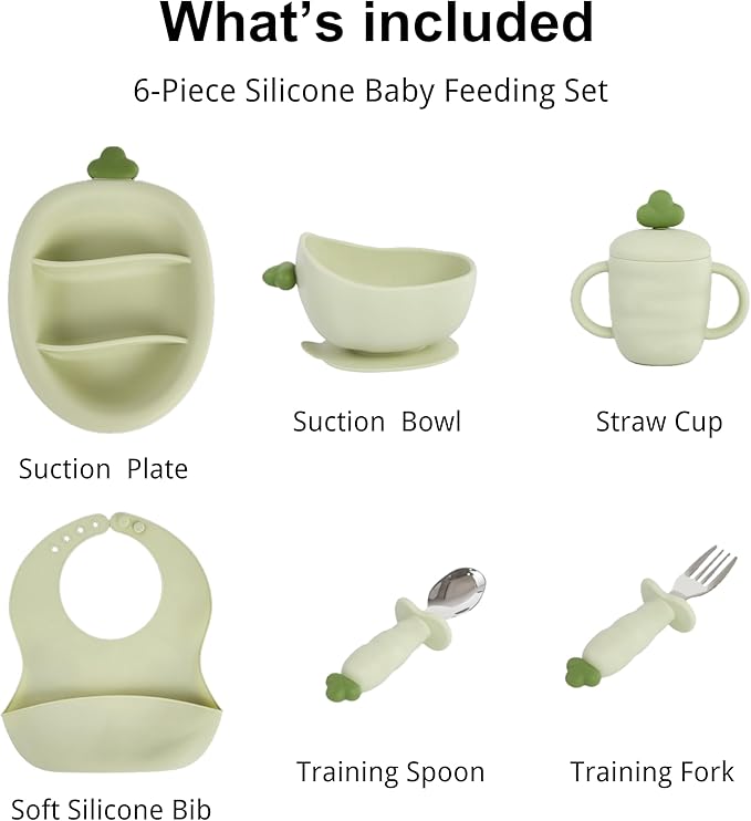 Silicone Baby Feeding Gift Set ??Suction Plate, Bowl, Training Cup, Fork, Spoon & Bib (6-Piece) (Matcha Green)